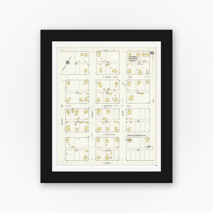 Old map wall art mockup — black gallery frame with white mat — Sanborn Fire Insurance Map from Ennis, Ellis County, Texas (1920), Sheet #0016