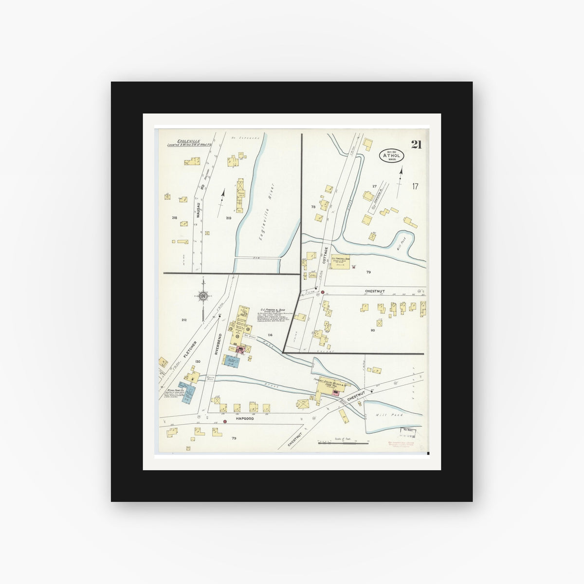 Old map wall art mockup — black gallery frame with white mat — Sanborn Fire Insurance Map from Athol, Worcester County, Massachusetts (1911), Sheet #0021