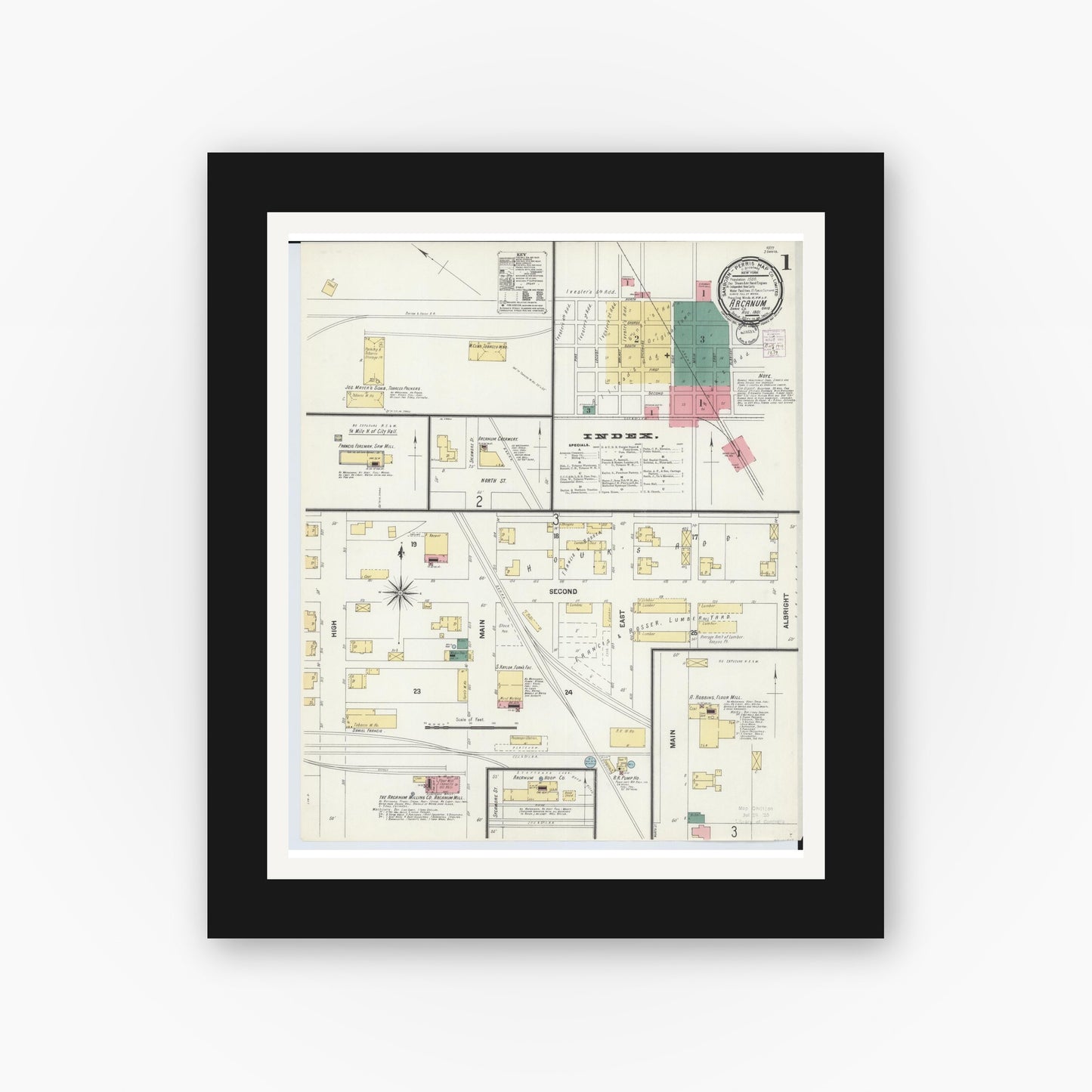 Old map wall art mockup — black gallery frame with white mat — Sanborn Fire Insurance Map from Arcanum, Darke County, Ohio (1901), Sheet #0001