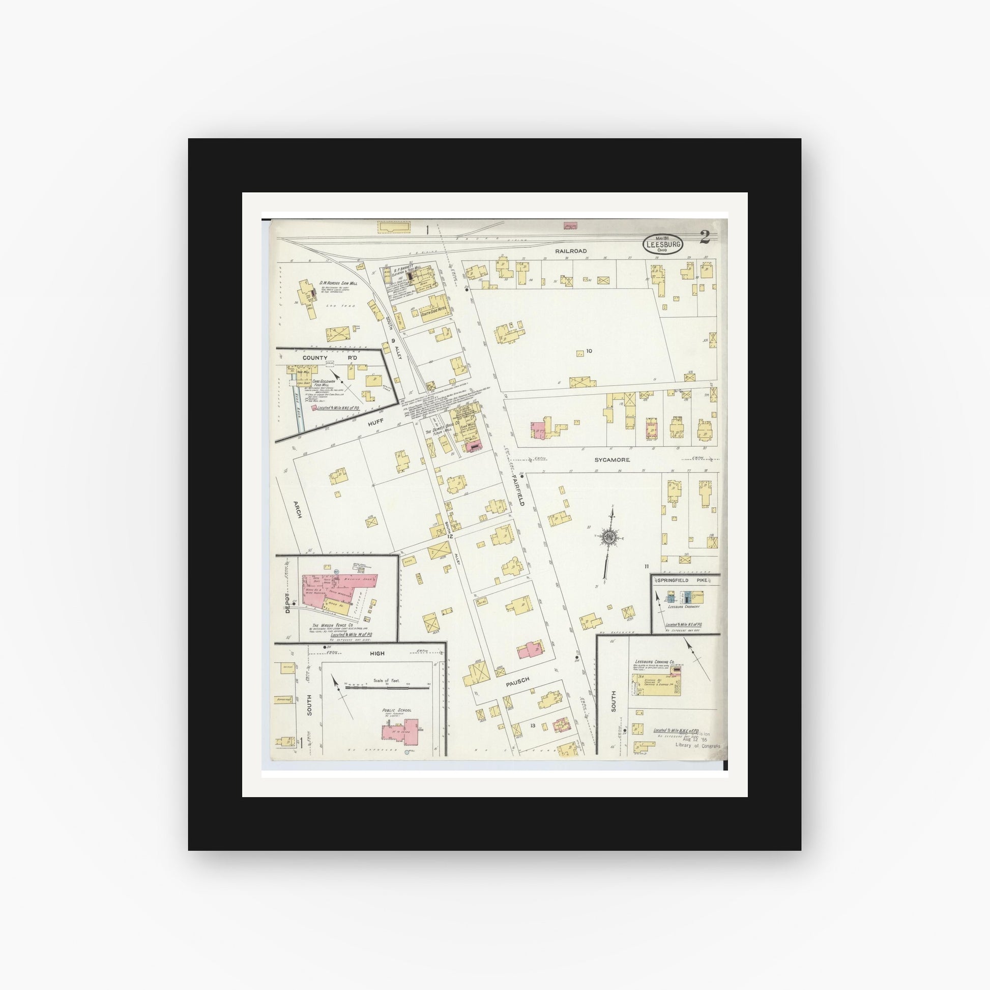 Old map wall art mockup — black gallery frame with white mat — Sanborn Fire Insurance Map from Leesburg, Highland County, Ohio (1911), Sheet #0002