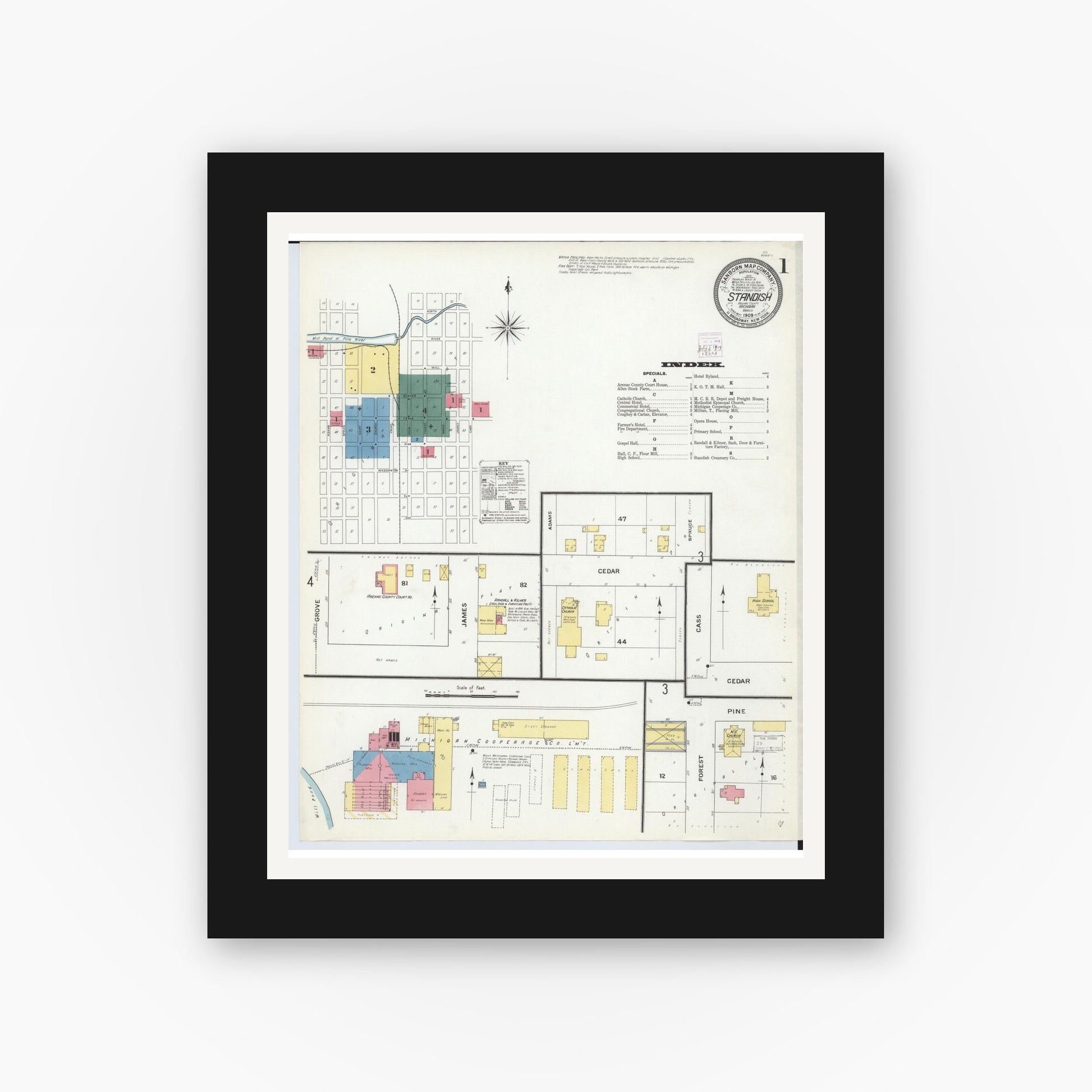 Old map wall art mockup — black gallery frame with white mat — Sanborn Fire Insurance Map from Standish, Arenac County, Michigan (1909), Sheet #0001