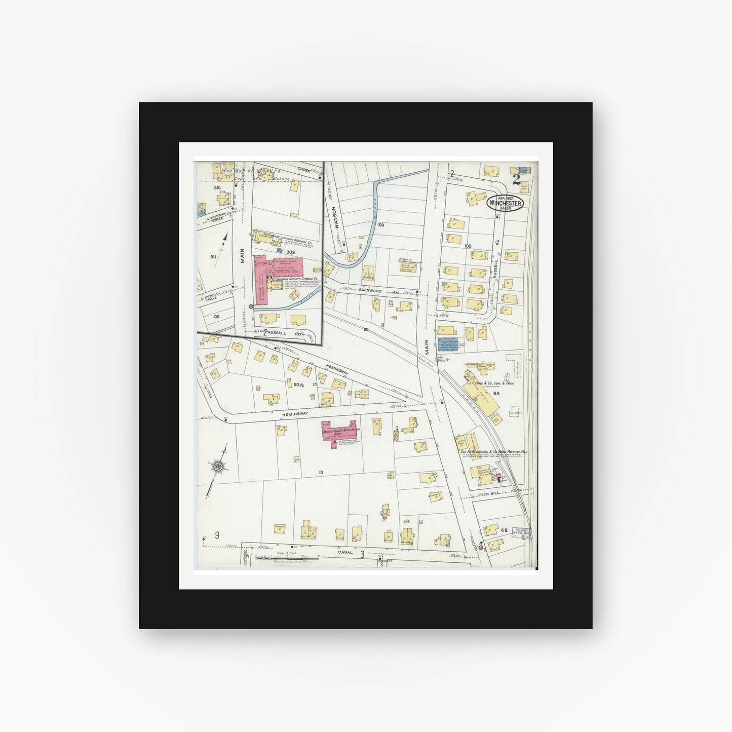 Old map wall art mockup — black gallery frame with white mat — Sanborn Fire Insurance Map from Winchester, Middlesex County, Massachusetts (1921), Sheet #0002