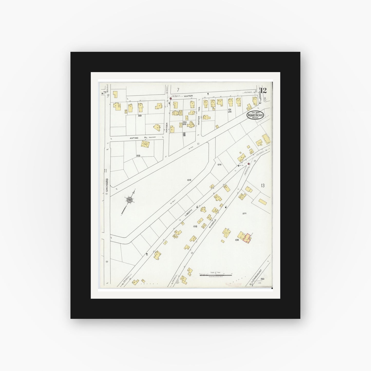 Old map wall art mockup — black gallery frame with white mat — Sanborn Fire Insurance Map from Marlborough, Middlesex County, Massachusetts (1920), Sheet #0012
