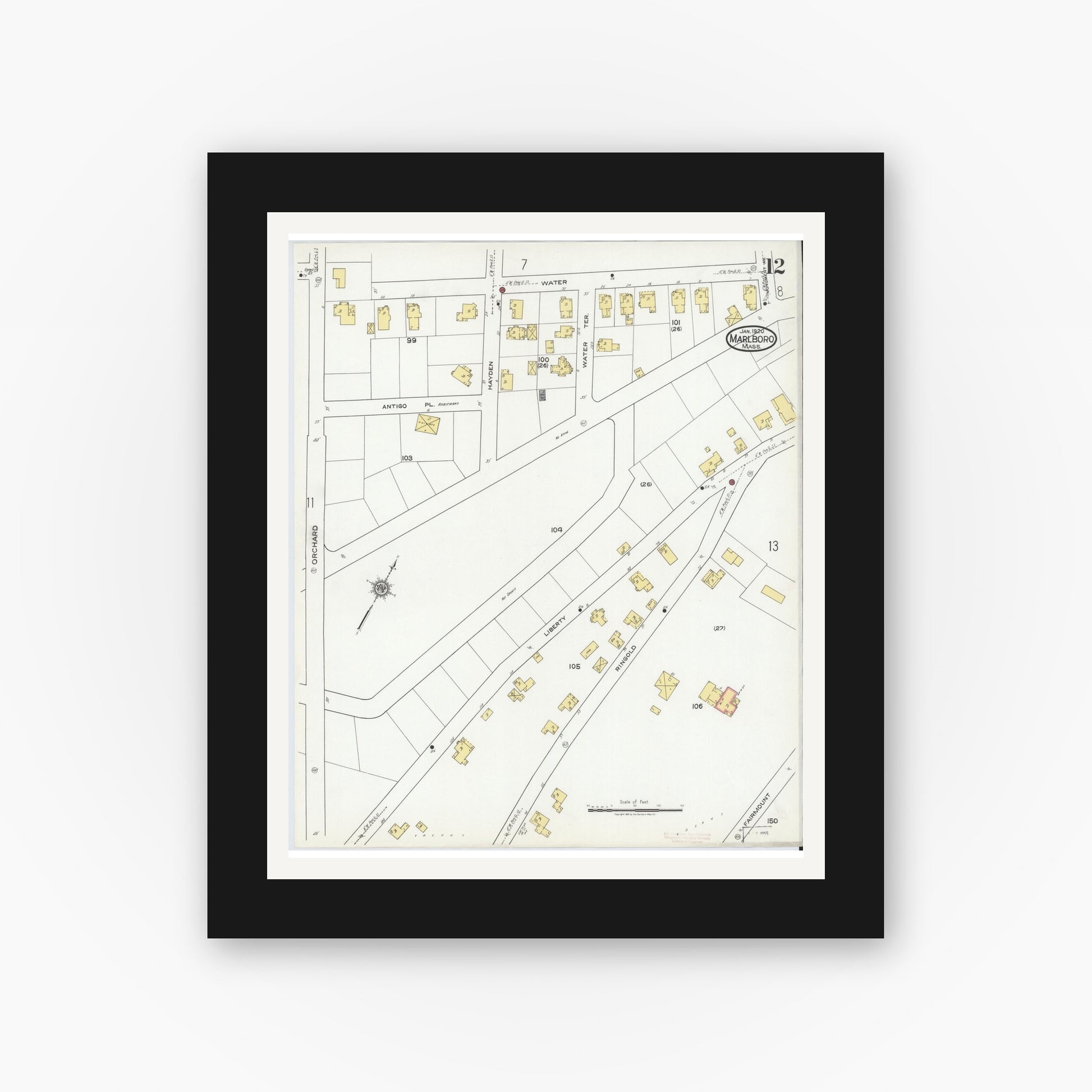 Old map wall art mockup — black gallery frame with white mat — Sanborn Fire Insurance Map from Marlborough, Middlesex County, Massachusetts (1920), Sheet #0012