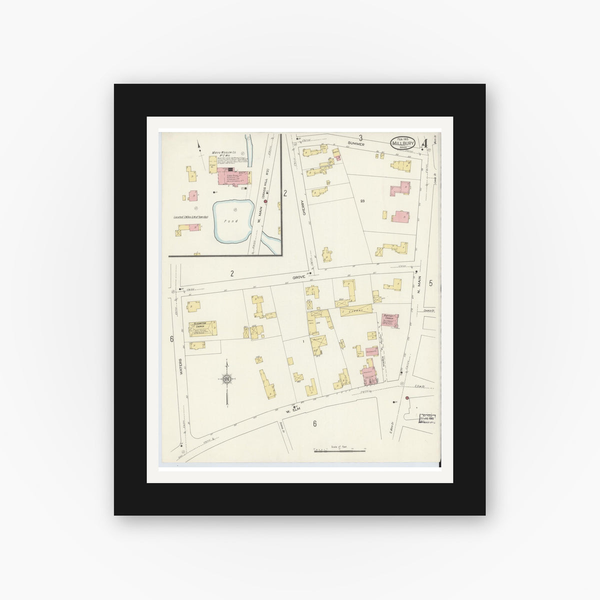Old map wall art mockup — black gallery frame with white mat — Sanborn Fire Insurance Map from Millbury, Worcester County, Massachusetts (1913), Sheet #0004