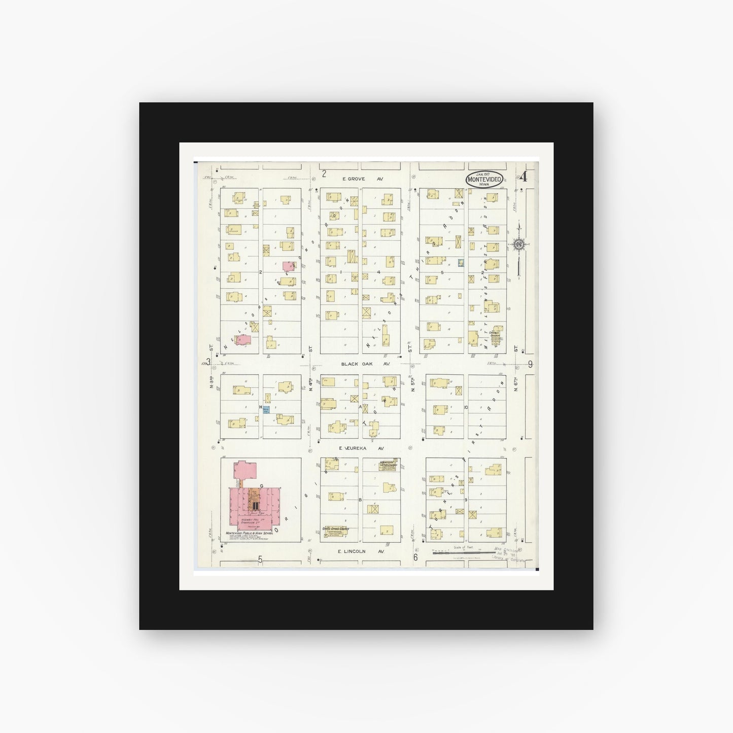 Old map wall art mockup — black gallery frame with white mat — Sanborn Fire Insurance Map from Montevideo, Chippewa County, Minnesota (1917), Sheet #0004