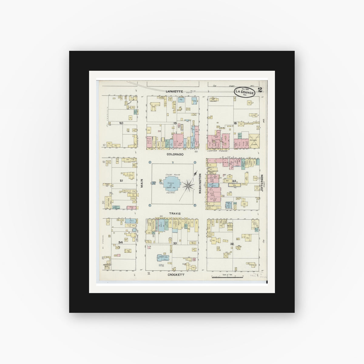Old map wall art mockup — black gallery frame with white mat — Sanborn Fire Insurance Map from La Grange, Fayette County, Texas (1890), Sheet #0002