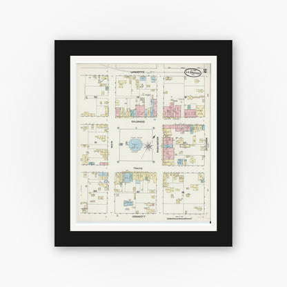 Old map wall art mockup — black gallery frame with white mat — Sanborn Fire Insurance Map from La Grange, Fayette County, Texas (1890), Sheet #0002
