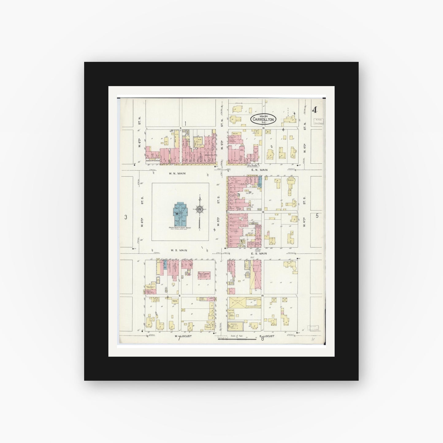 Old map wall art mockup — black gallery frame with white mat — Sanborn Fire Insurance Map from Carrollton, Greene County, Illinois (1914), Sheet #0004