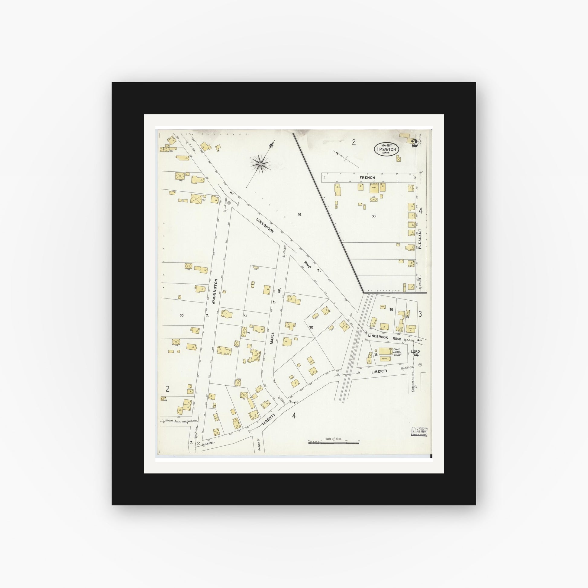 Old map wall art mockup — black gallery frame with white mat — Sanborn Fire Insurance Map from Ipswich, Essex County, Massachusetts (1907), Sheet #0002