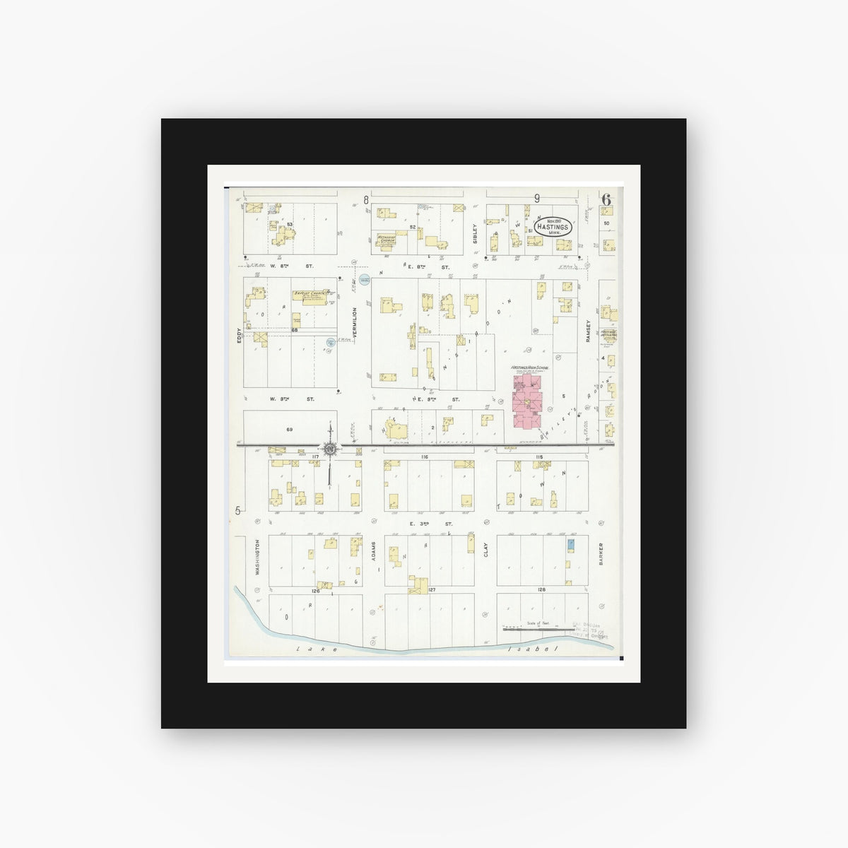 Old map wall art mockup — black gallery frame with white mat — Sanborn Fire Insurance Map from Hastings, Dakota County, Minnesota (1910), Sheet #0006