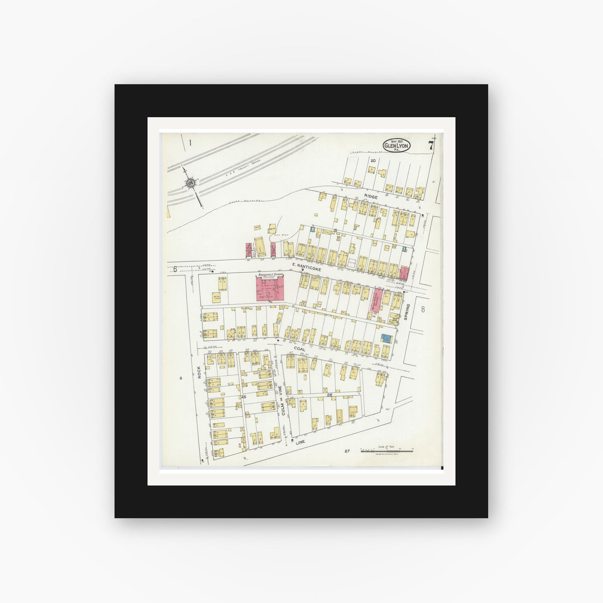 Old map wall art mockup — black gallery frame with white mat — Sanborn Fire Insurance Map from Glen Lyon, Luzerne County, Pennsylvania (1921), Sheet #0007