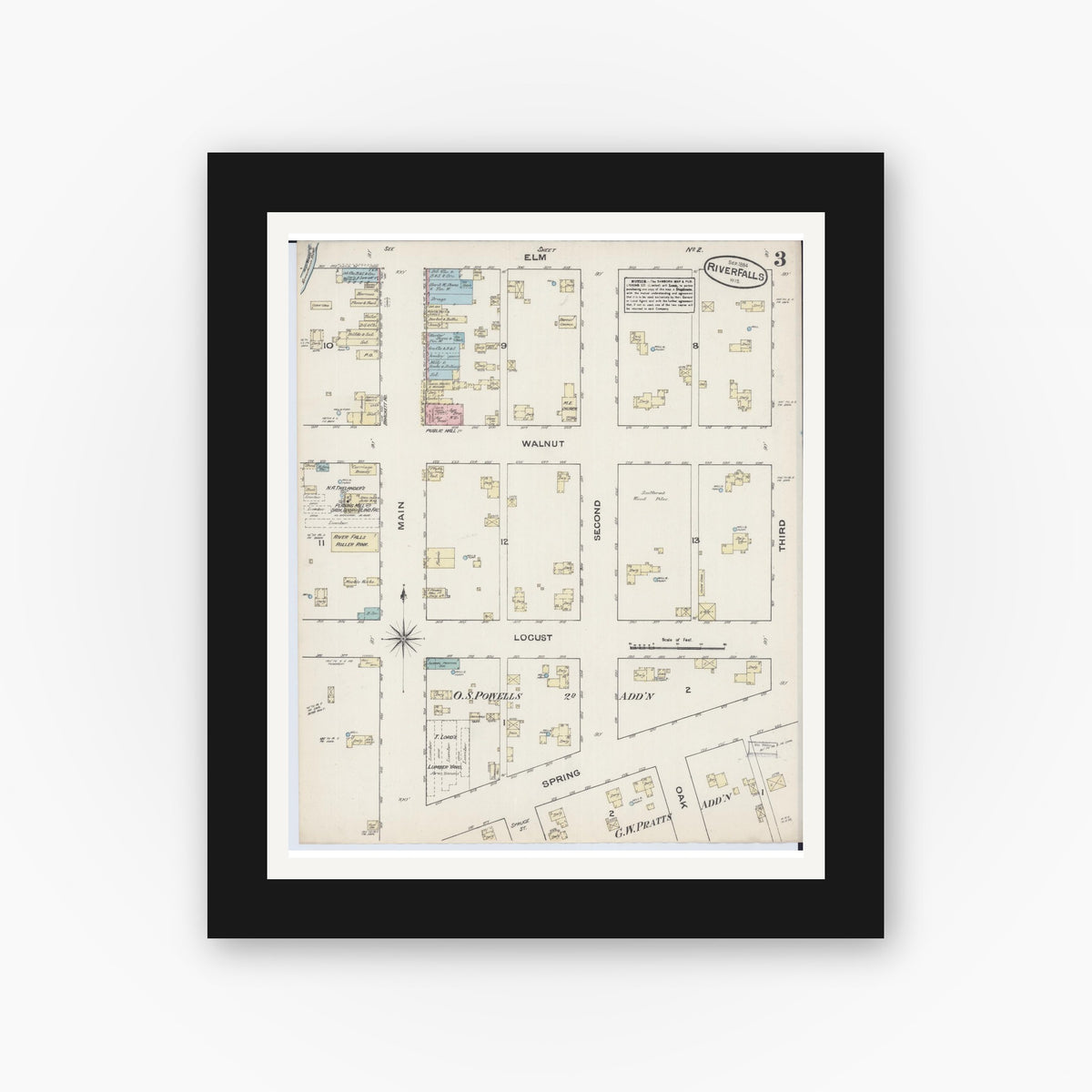 Old map wall art mockup — black gallery frame with white mat — Sanborn Fire Insurance Map from River Falls, St. Croix and Pierce Counties, Wisconsin (1884), Sheet #0003