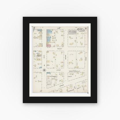 Old map wall art mockup — black gallery frame with white mat — Sanborn Fire Insurance Map from River Falls, St. Croix and Pierce Counties, Wisconsin (1884), Sheet #0003