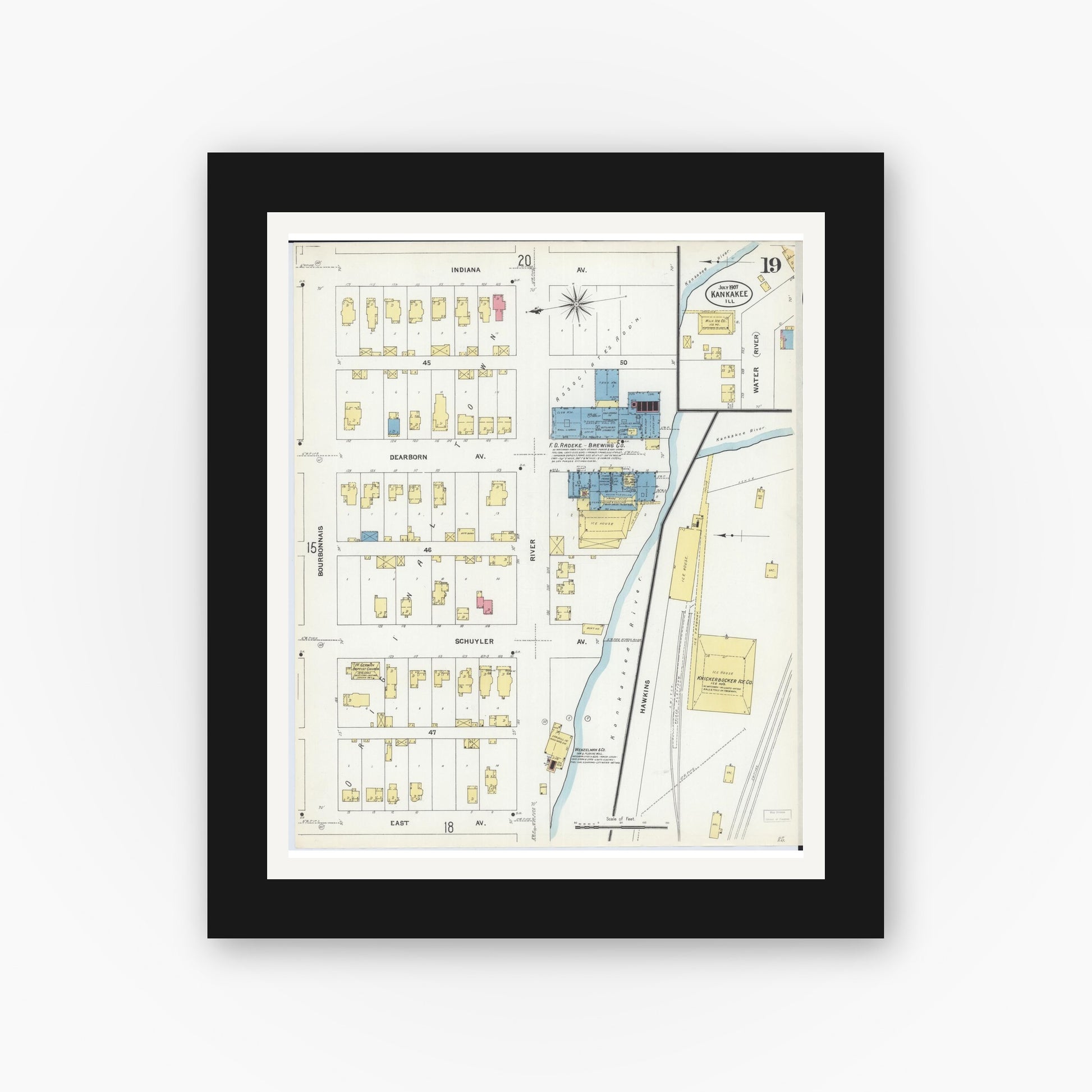 Old map wall art mockup — black gallery frame with white mat — Sanborn Fire Insurance Map from Kankakee, Kankakee County, Illinois (1907), Sheet #0019