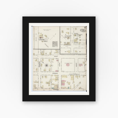 Old map wall art mockup — black gallery frame with white mat — Sanborn Fire Insurance Map from Caro, Tuscola County, Michigan (1884), Sheet #0002