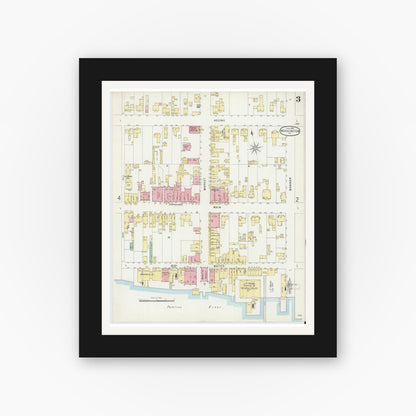 Old map wall art mockup — black gallery frame with white mat — Sanborn Fire Insurance Map from Washington, Beaufort County, North Carolina (1896), Sheet #0003