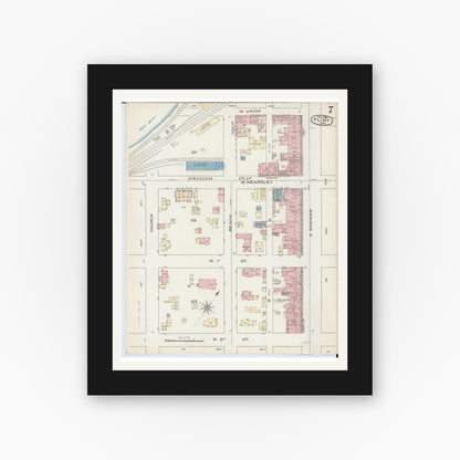Old map wall art mockup — black gallery frame with white mat — Sanborn Fire Insurance Map from Flint, Genesee County, Michigan (1886), Sheet #0007