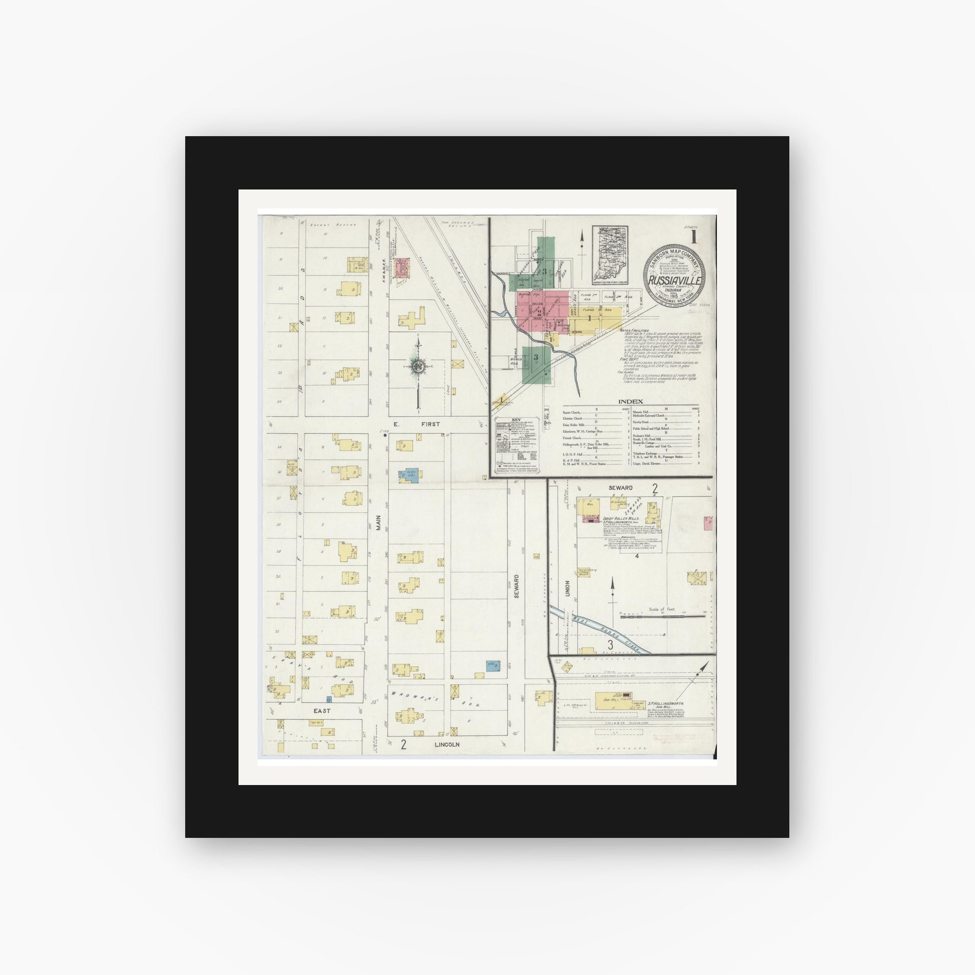 Old map wall art mockup — black gallery frame with white mat — Sanborn Fire Insurance Map from Russiaville, Howard County, Indiana (1913) - Complete Map Set
