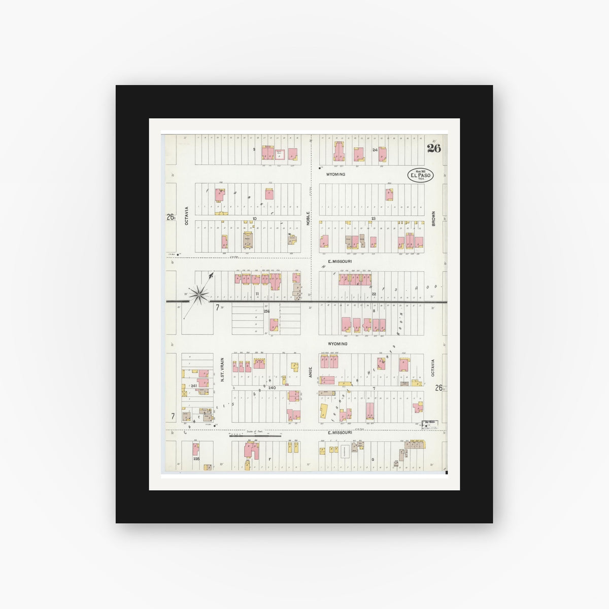 Old map wall art mockup — black gallery frame with white mat — Sanborn Fire Insurance Map from El Paso, El Paso County, Texas (1902), Sheet #0026