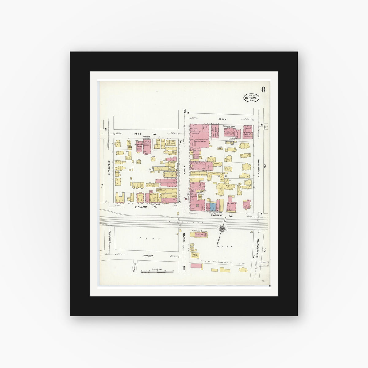 Old map wall art mockup — black gallery frame with white mat — Sanborn Fire Insurance Map from Herkimer, Herkimer County, New York (1911), Sheet #0008