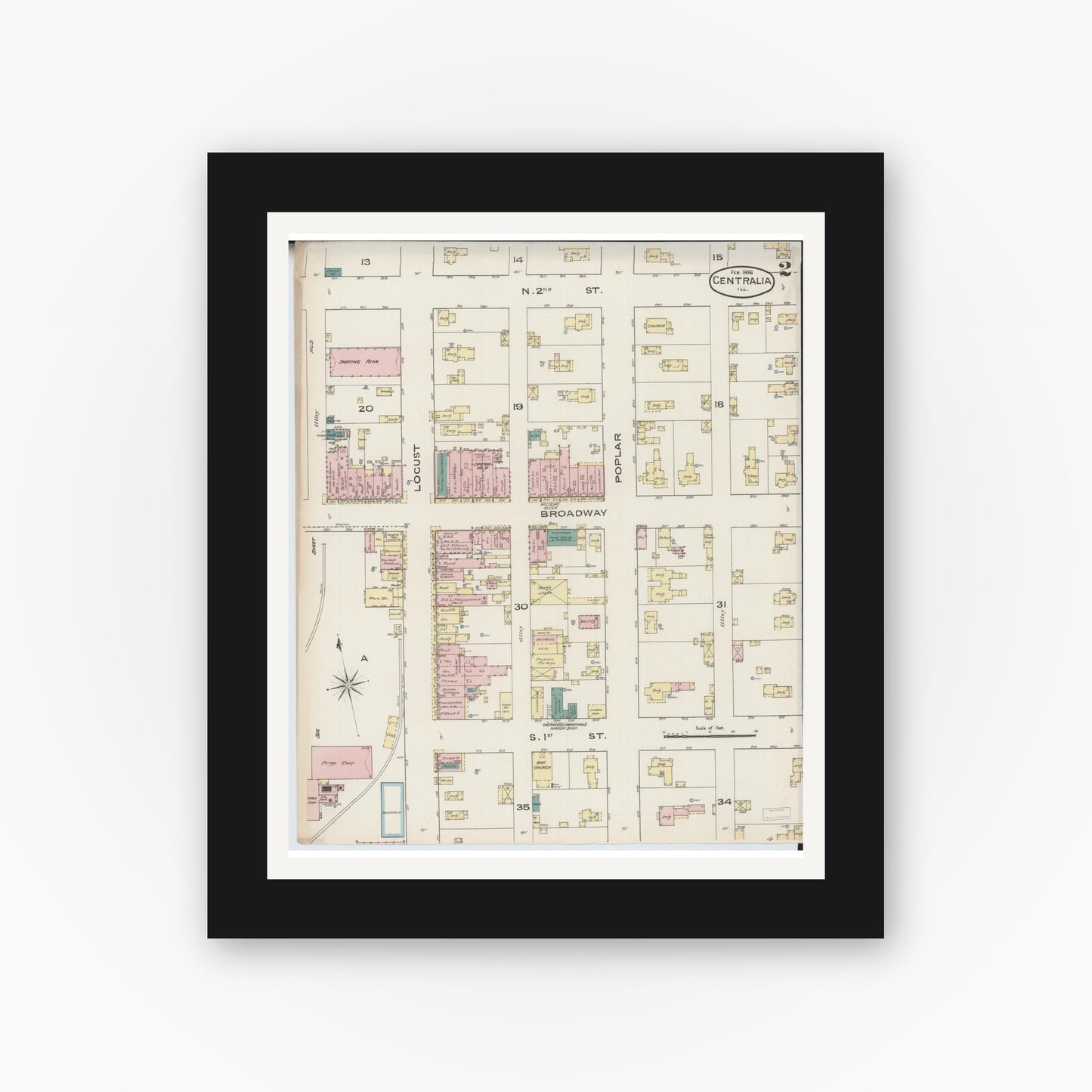 Old map wall art mockup — black gallery frame with white mat — Sanborn Fire Insurance Map from Centralia, Marion, Clinton, Jefferson, and Washington Counties, Illinois (1886), Sheet #0002