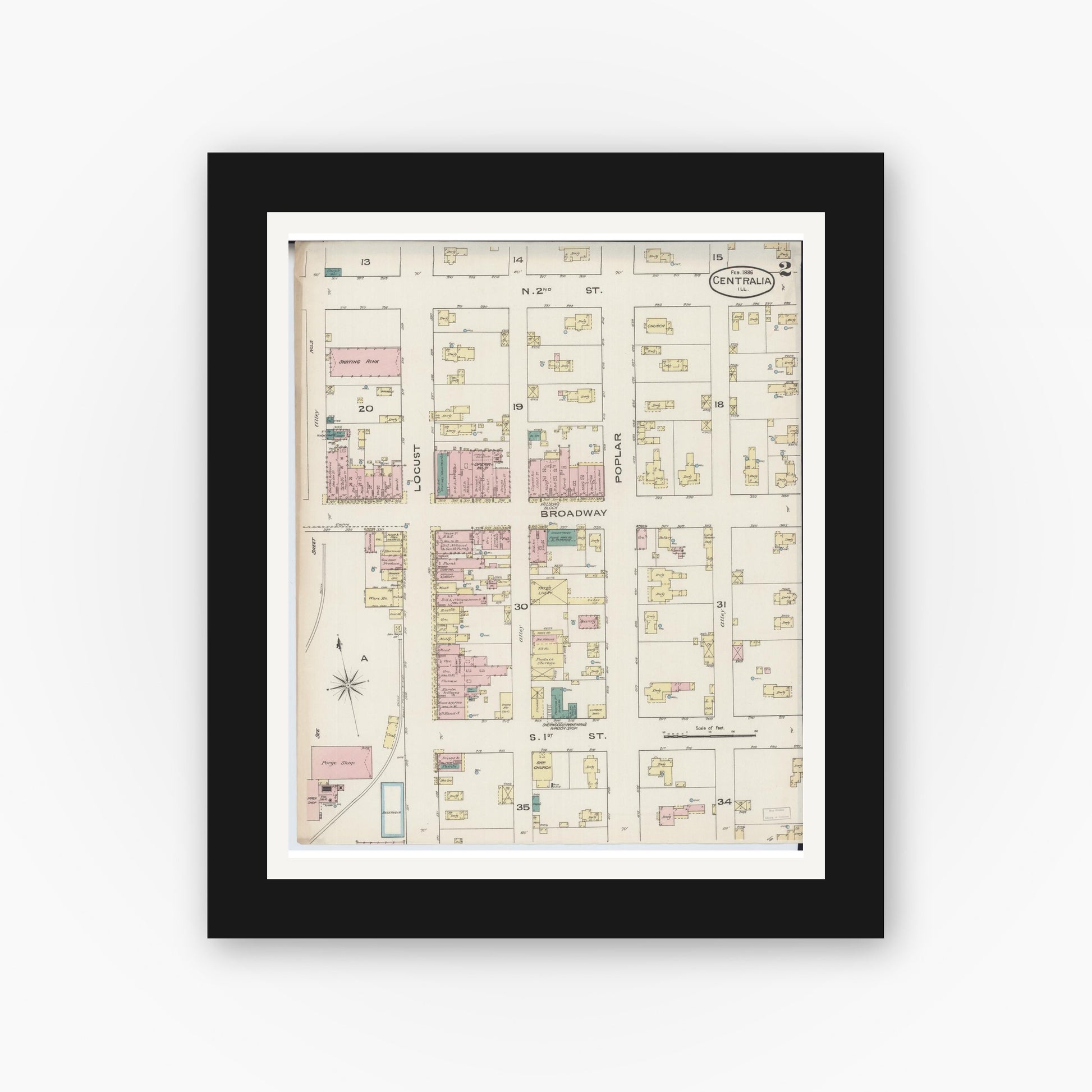 Old map wall art mockup — black gallery frame with white mat — Sanborn Fire Insurance Map from Centralia, Marion, Clinton, Jefferson, and Washington Counties, Illinois (1886), Sheet #0002