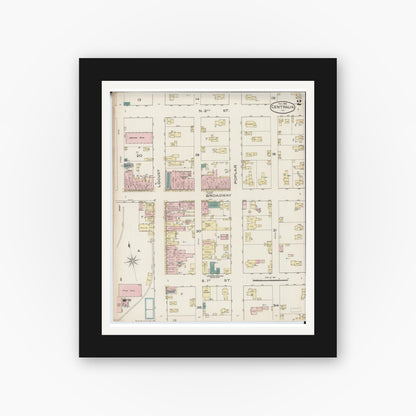 Old map wall art mockup — black gallery frame with white mat — Sanborn Fire Insurance Map from Centralia, Marion, Clinton, Jefferson, and Washington Counties, Illinois (1886), Sheet #0002
