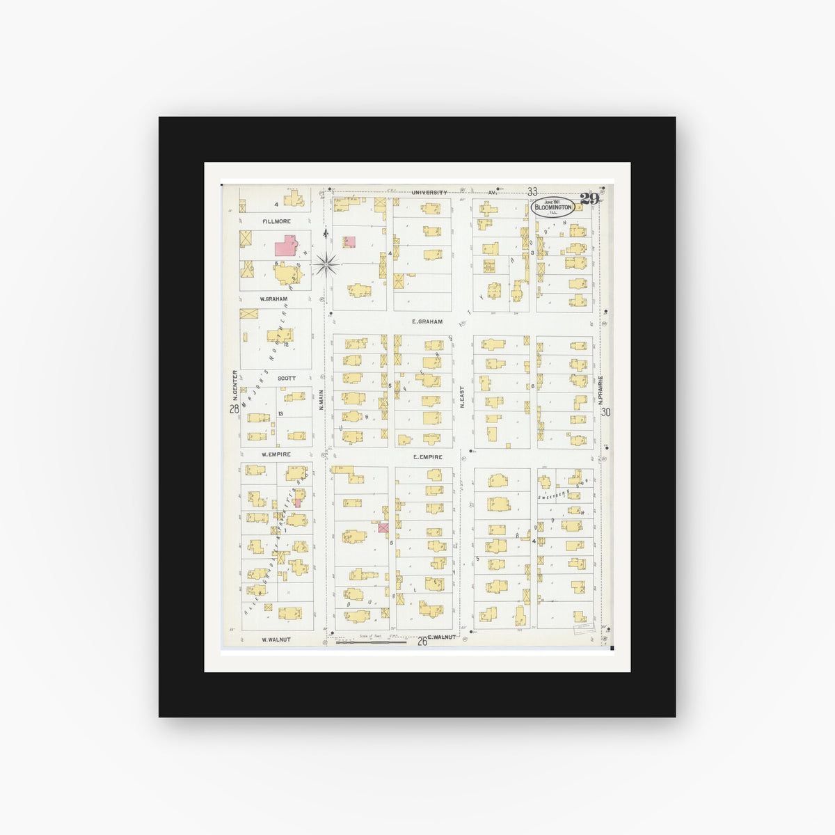 Old map wall art mockup — black gallery frame with white mat — Sanborn Fire Insurance Map from Bloomington, McLean County, Illinois (1901), Sheet #0029