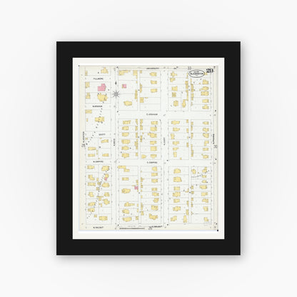 Old map wall art mockup — black gallery frame with white mat — Sanborn Fire Insurance Map from Bloomington, McLean County, Illinois (1901), Sheet #0029