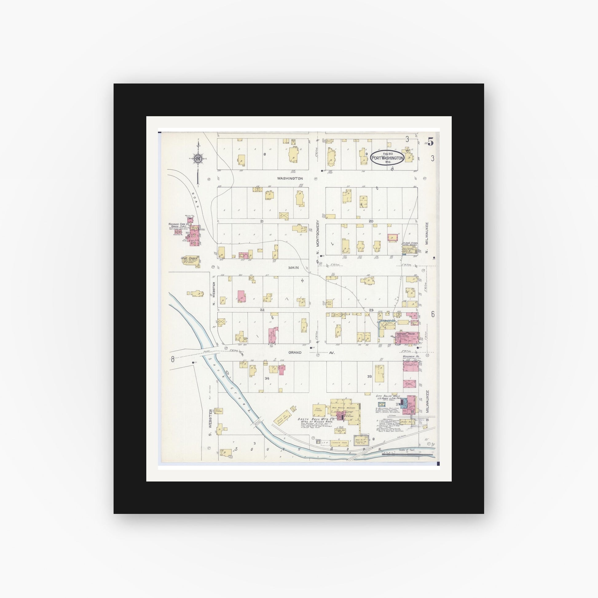 Old map wall art mockup — black gallery frame with white mat — Sanborn Fire Insurance Map from Port Washington, Ozaukee County, Wisconsin (1913), Sheet #0005