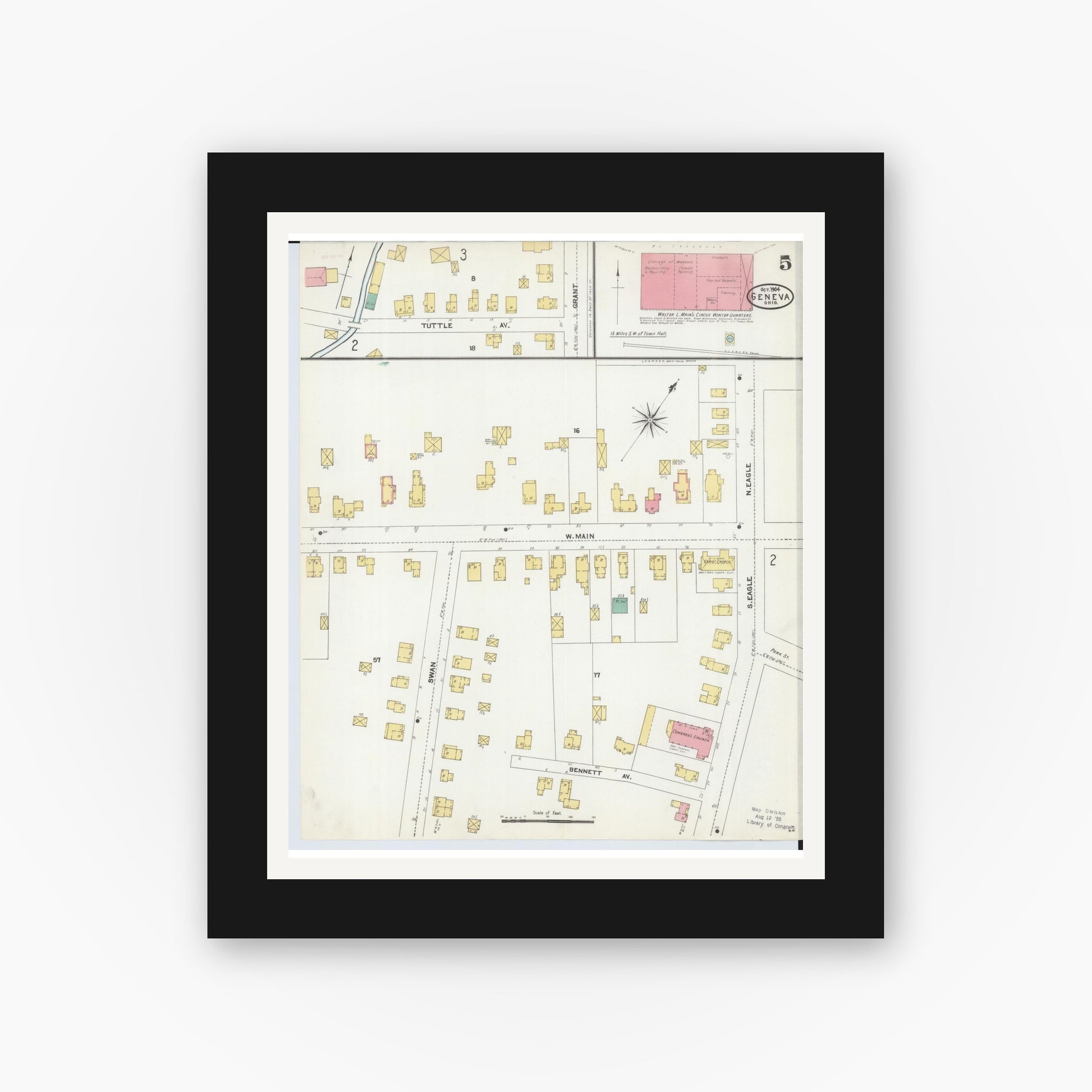 Old map wall art mockup — black gallery frame with white mat — Sanborn Fire Insurance Map from Geneva, Ashtabula County, Ohio (1904), Sheet #0005