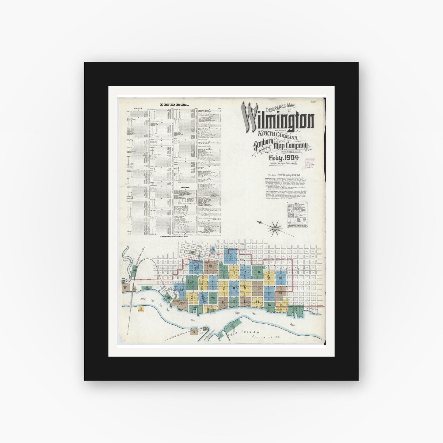 Old map wall art mockup — black gallery frame with white mat — Sanborn Fire Insurance Map from Wilmington, New Hanover County, North Carolina (1904) - Complete Map Set