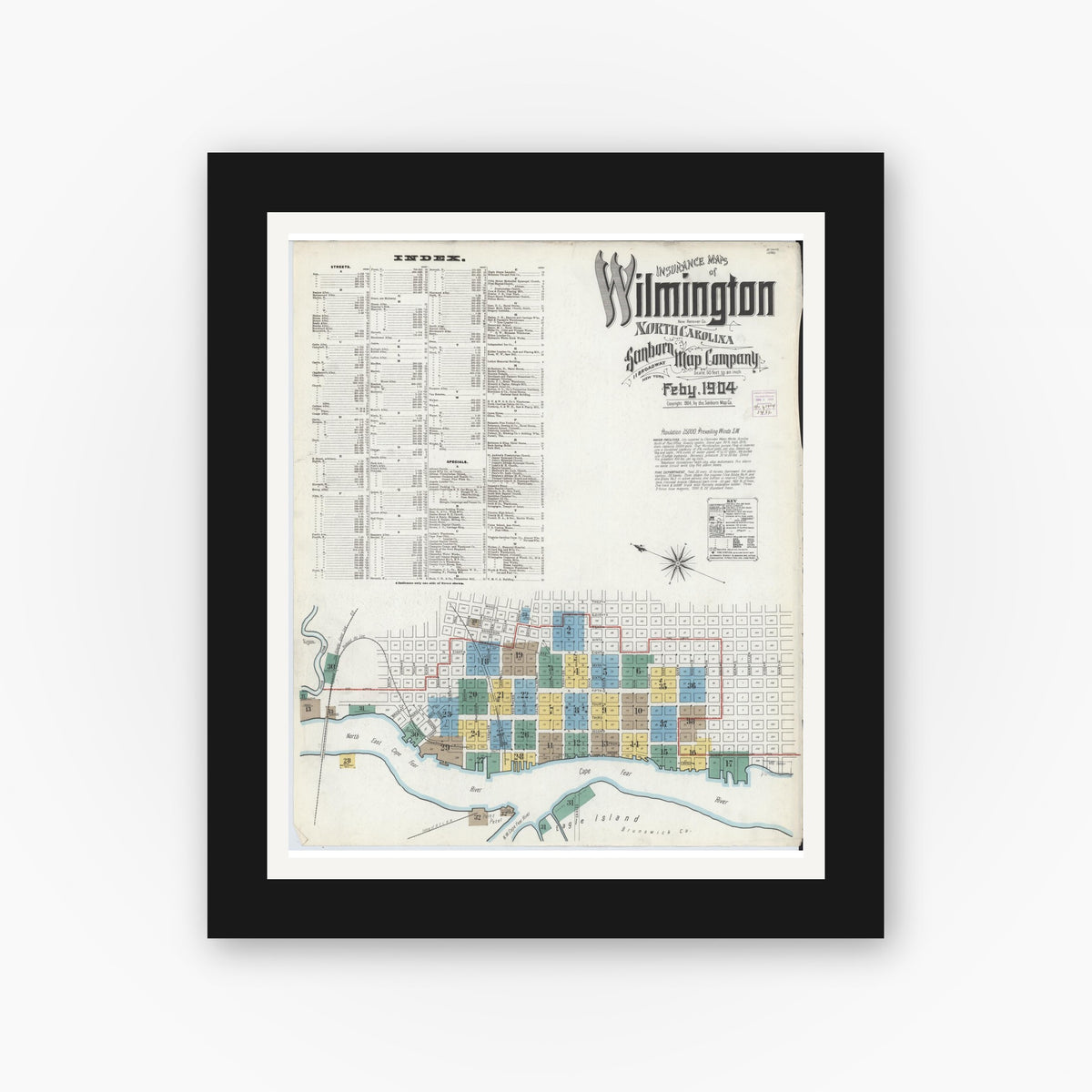 Old map wall art mockup — black gallery frame with white mat — Sanborn Fire Insurance Map from Wilmington, New Hanover County, North Carolina (1904) - Complete Map Set