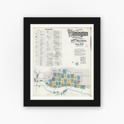 Old map wall art mockup — black gallery frame with white mat — Sanborn Fire Insurance Map from Wilmington, New Hanover County, North Carolina (1904) - Complete Map Set