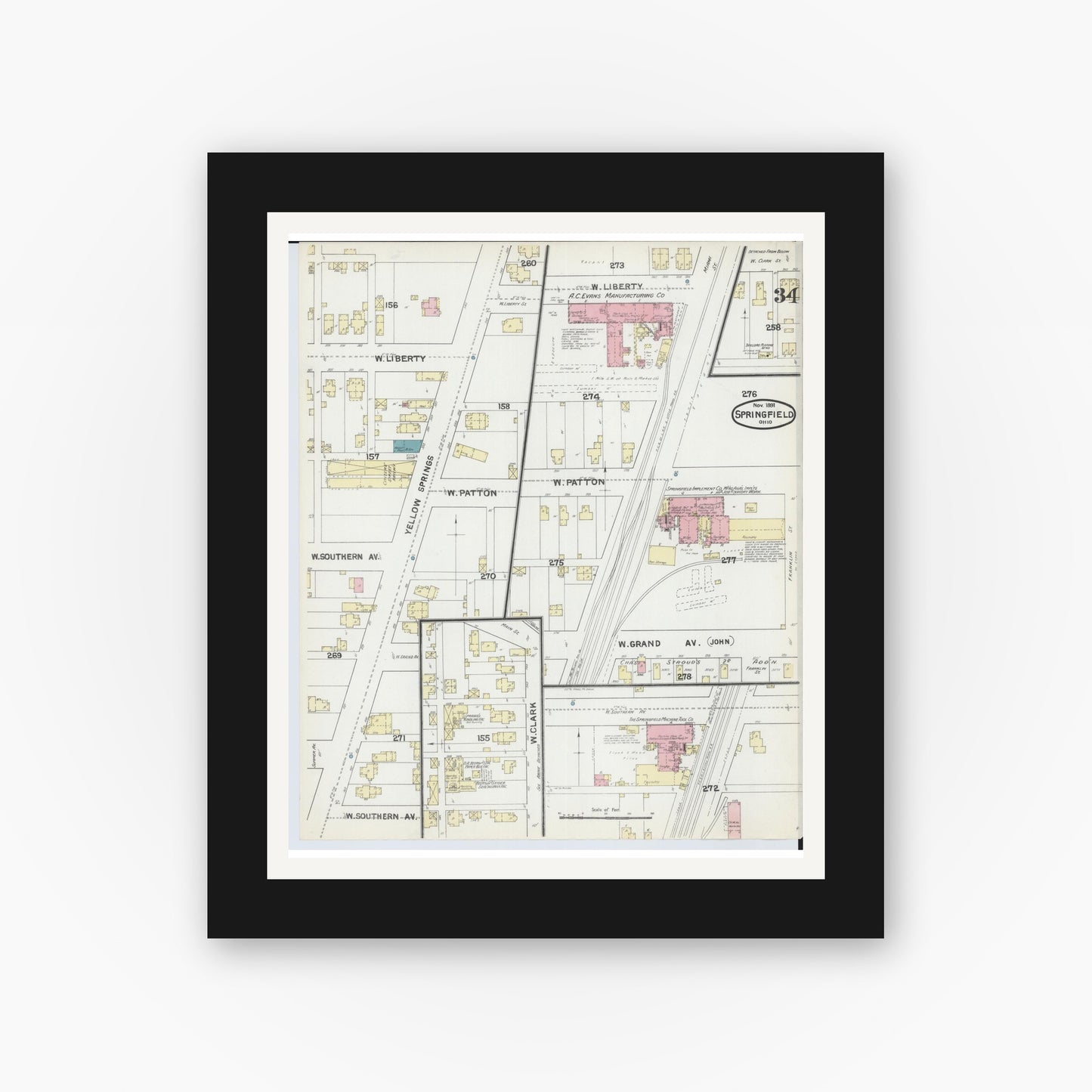 Old map wall art mockup — black gallery frame with white mat — Sanborn Fire Insurance Map from Springfield, Clark County, Ohio (1891), Sheet #0034