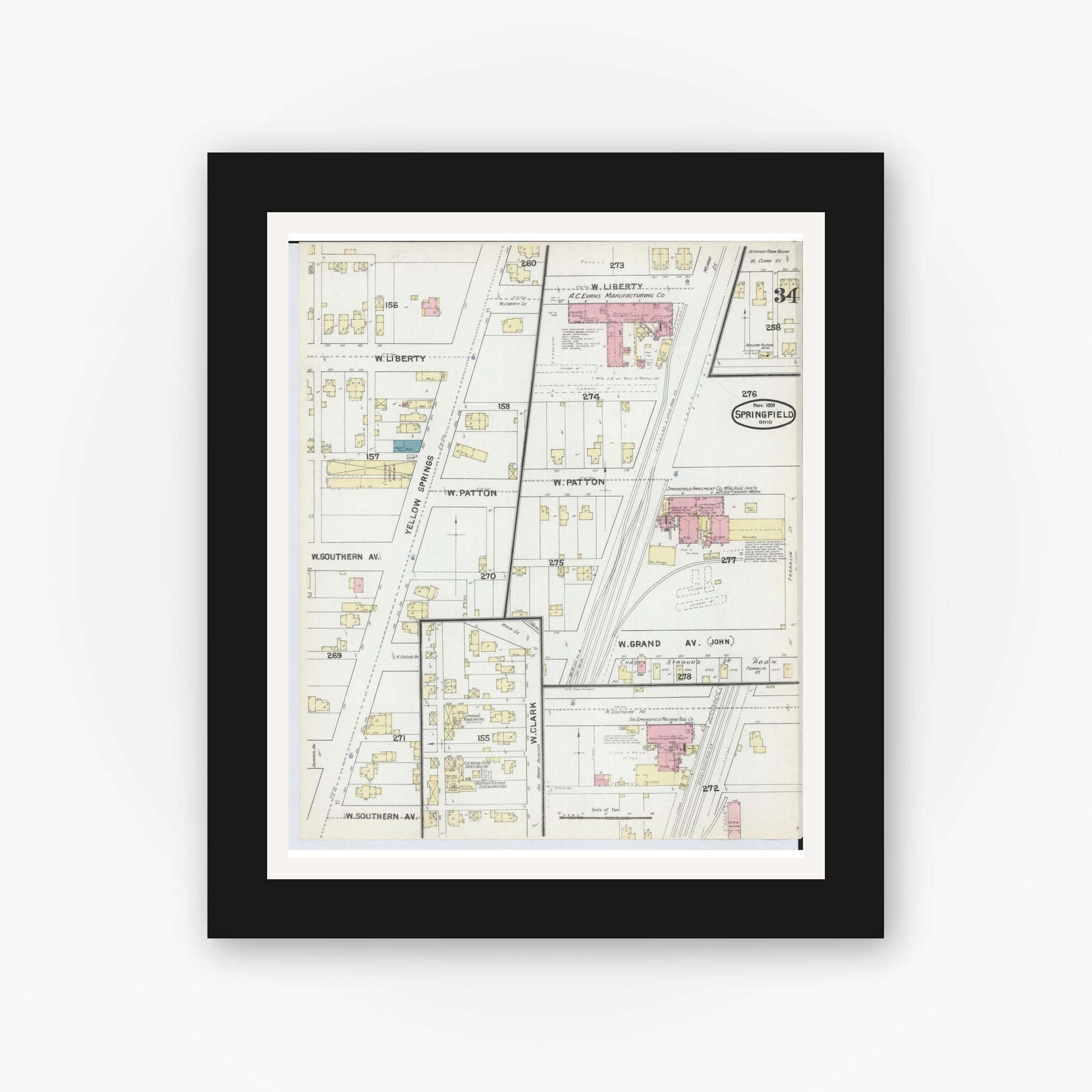 Old map wall art mockup — black gallery frame with white mat — Sanborn Fire Insurance Map from Springfield, Clark County, Ohio (1891), Sheet #0034