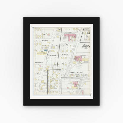 Old map wall art mockup — black gallery frame with white mat — Sanborn Fire Insurance Map from Springfield, Clark County, Ohio (1891), Sheet #0034