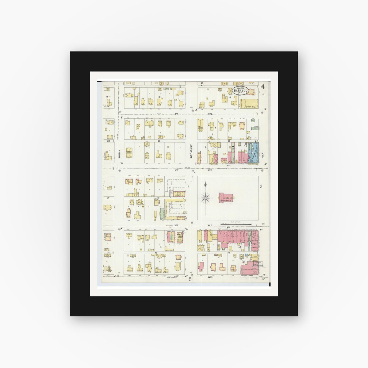 Old map wall art mockup — black gallery frame with white mat — Sanborn Fire Insurance Map from Baraboo, Sauk County, Wisconsin (1898), Sheet #0004