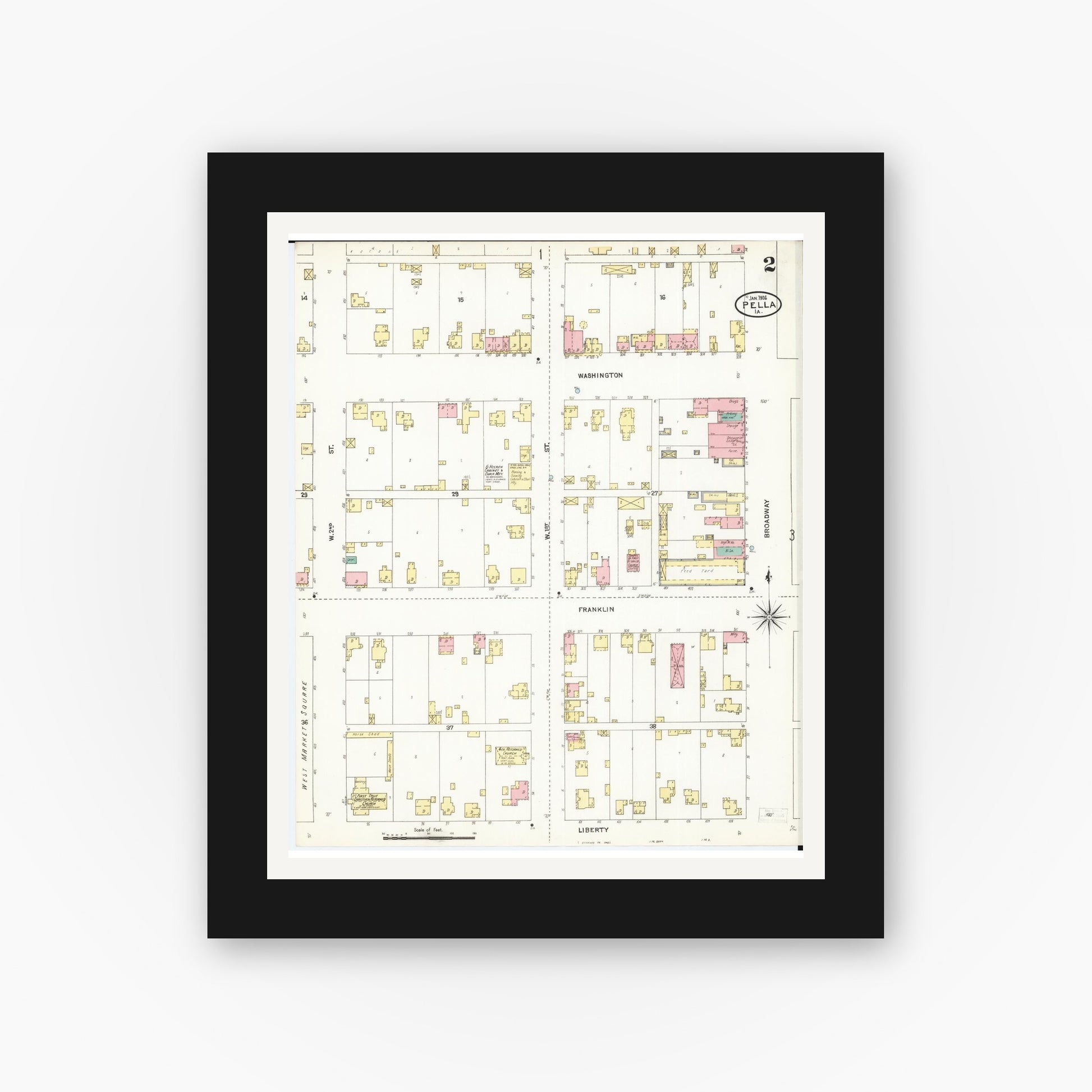 Old map wall art mockup — black gallery frame with white mat — Sanborn Fire Insurance Map from Pella, Marion County, Iowa (1906), Sheet #0002