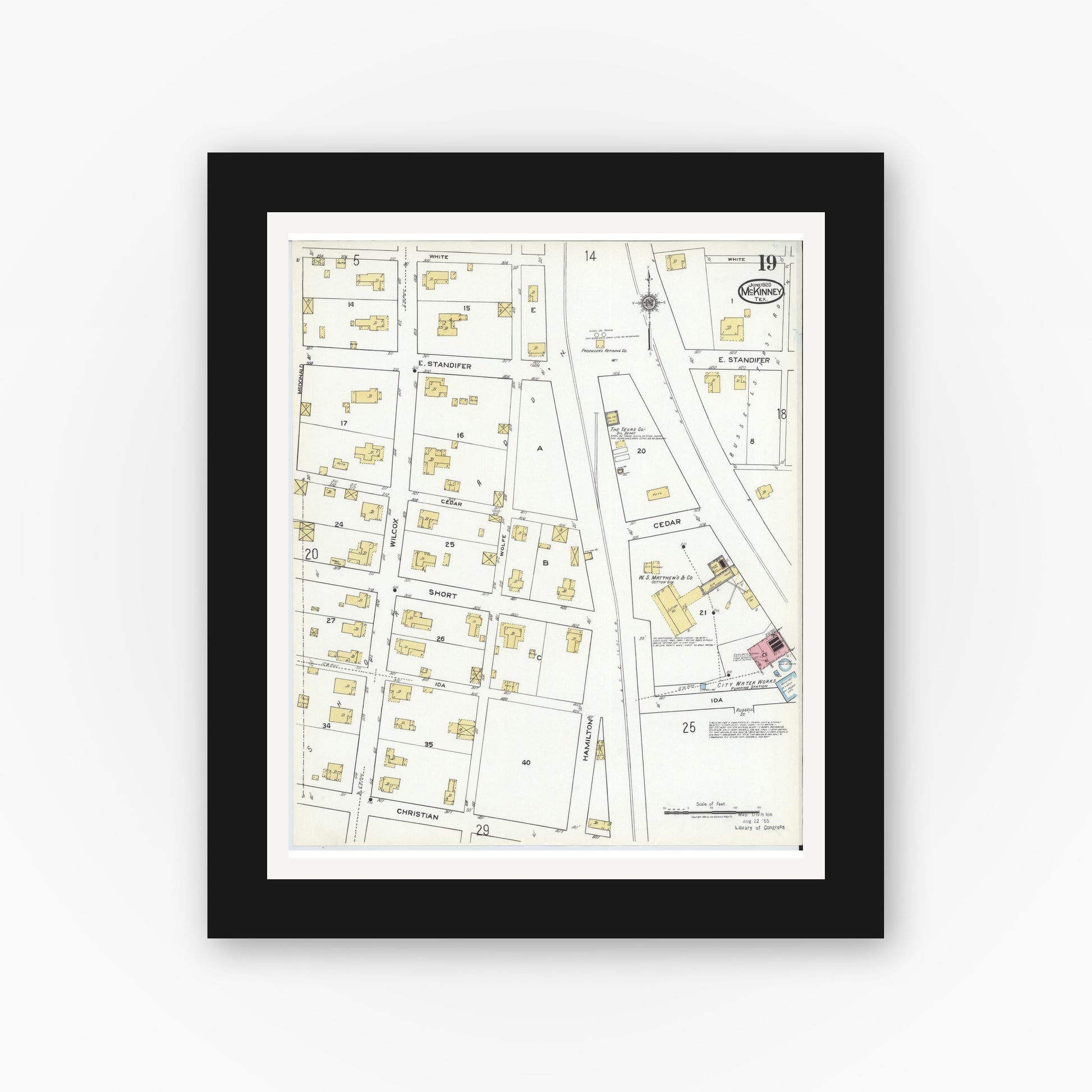 Old map wall art mockup — black gallery frame with white mat — Sanborn Fire Insurance Map from McKinney, Collin County, Texas (1920), Sheet #0019
