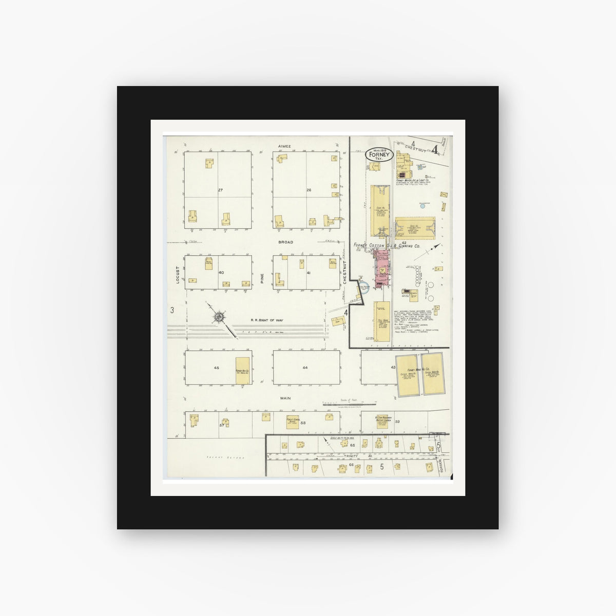 Old map wall art mockup — black gallery frame with white mat — Sanborn Fire Insurance Map from Forney, Kaufman County, Texas (1919), Sheet #0004
