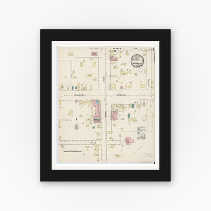 Old map wall art mockup — black gallery frame with white mat — Sanborn Fire Insurance Map from Wadsworth, Medina County, Ohio (1885), Sheet #0001