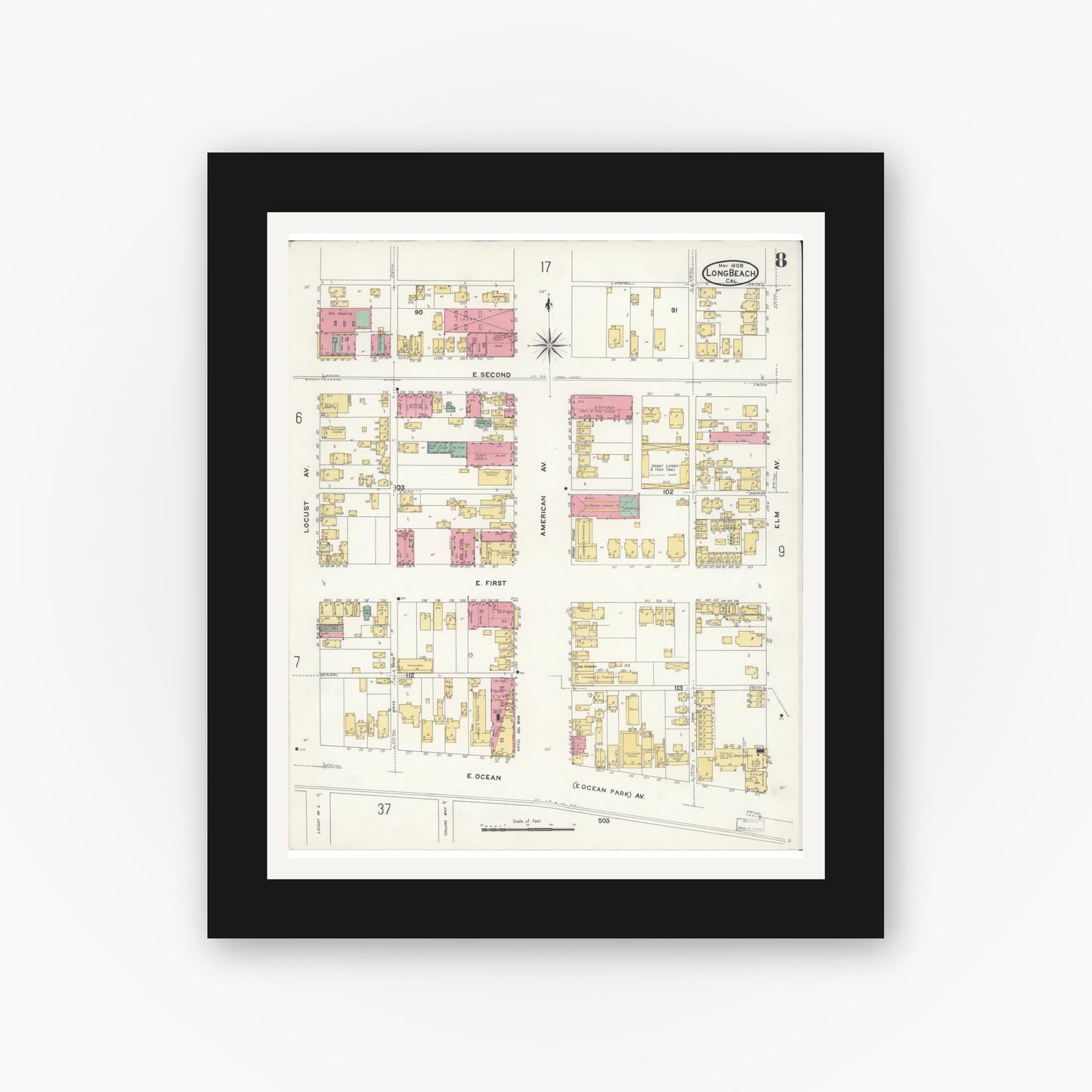 Old map wall art mockup — black gallery frame with white mat — Sanborn Fire Insurance Map from Long Beach, Los Angeles County, California (1908), Sheet #0008