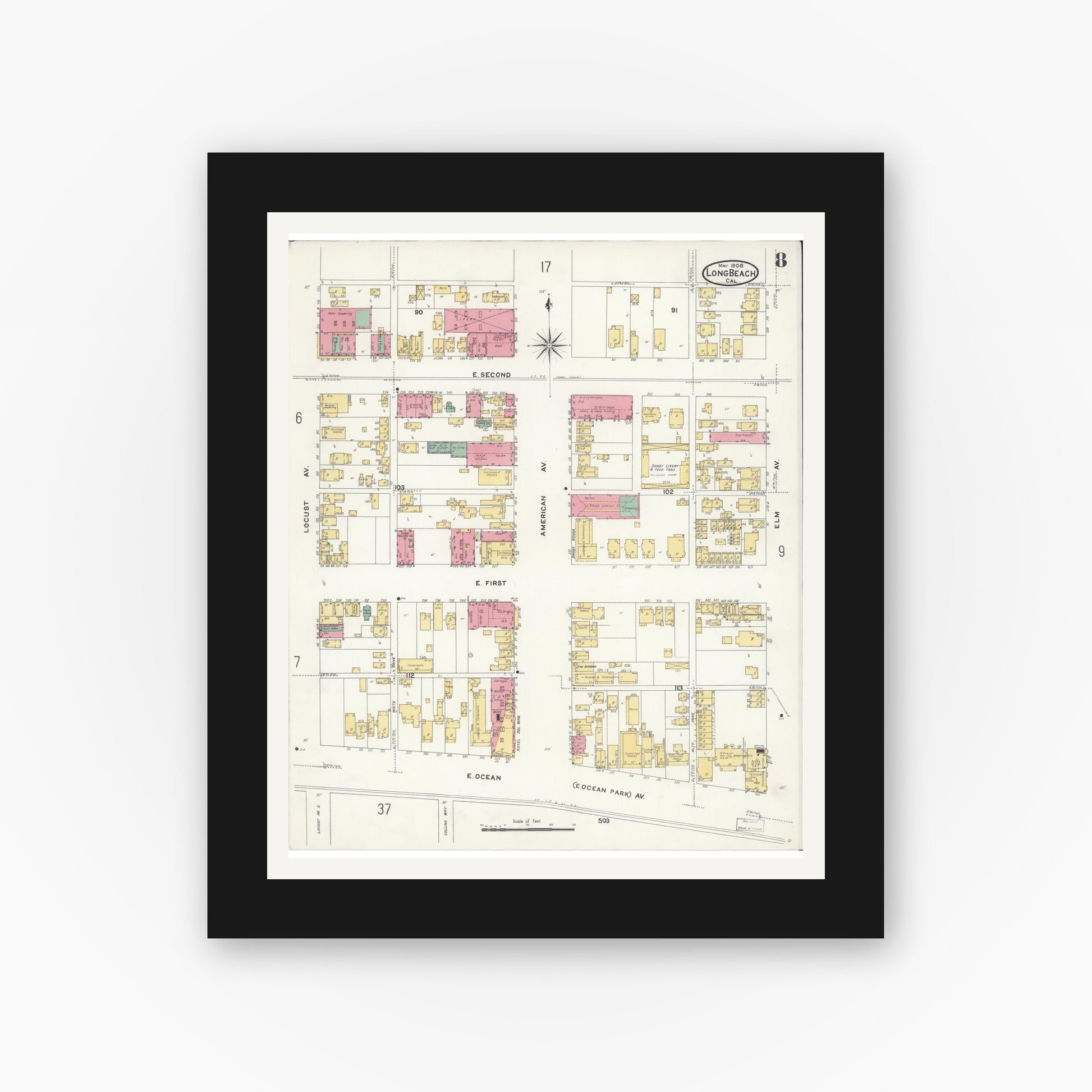 Old map wall art mockup — black gallery frame with white mat — Sanborn Fire Insurance Map from Long Beach, Los Angeles County, California (1908), Sheet #0008
