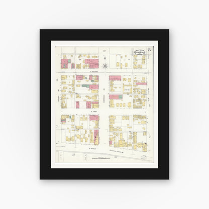 Old map wall art mockup — black gallery frame with white mat — Sanborn Fire Insurance Map from Long Beach, Los Angeles County, California (1908), Sheet #0008