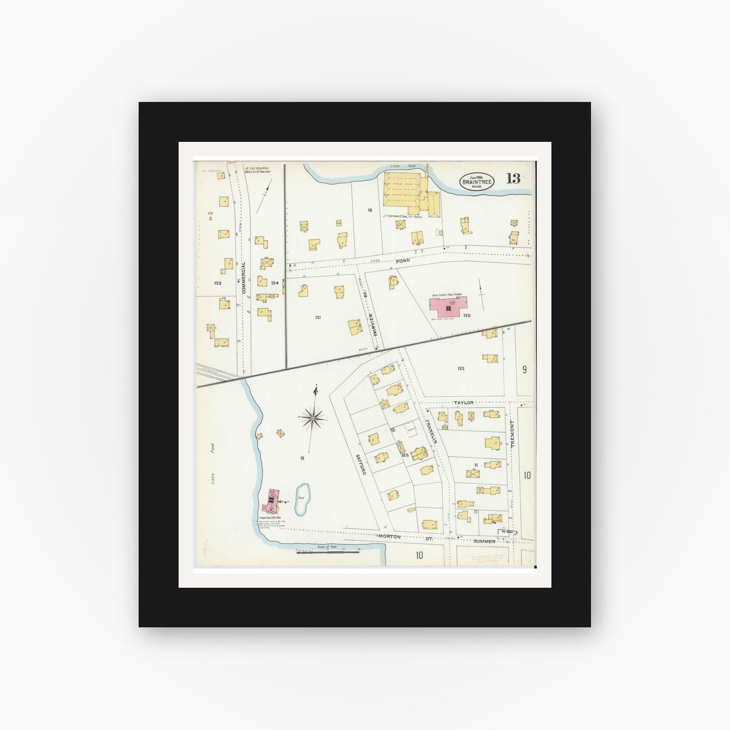Old map wall art mockup — black gallery frame with white mat — Sanborn Fire Insurance Map from Braintree, Norfolk County, Massachusetts (1906), Sheet #0013