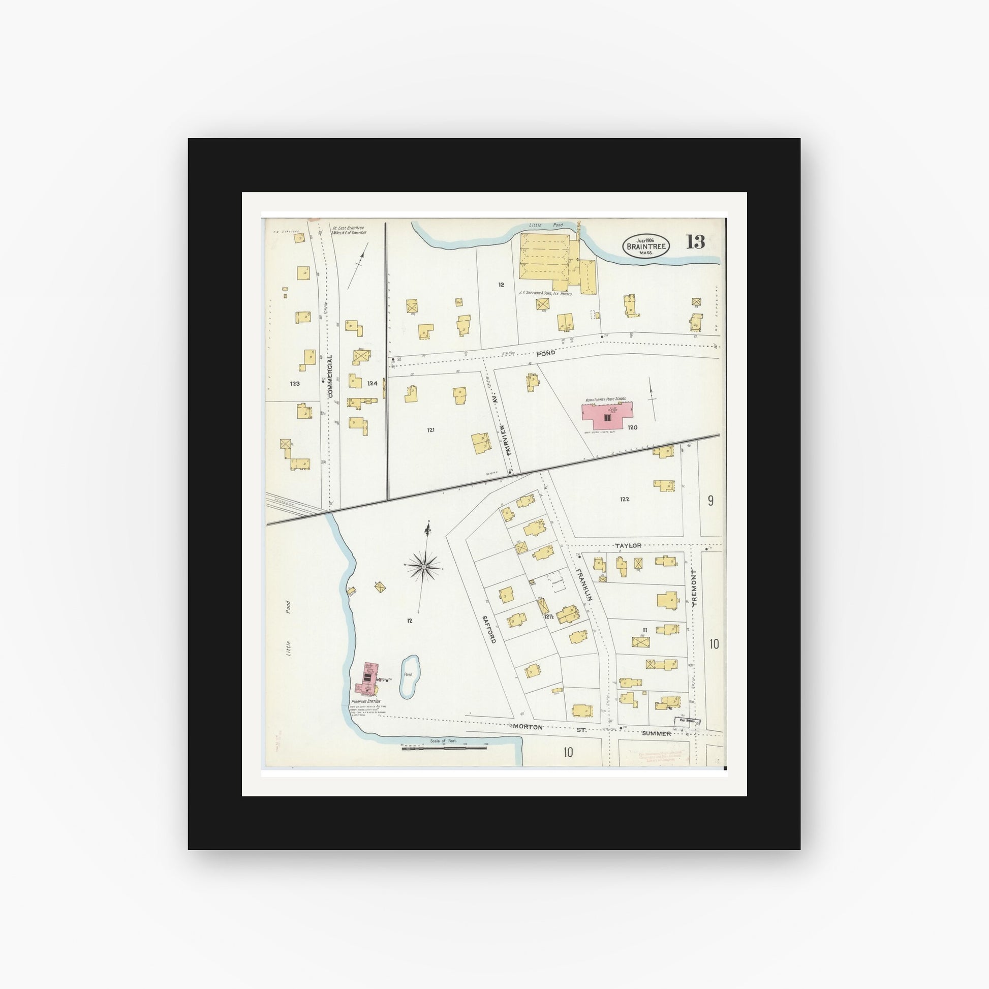 Old map wall art mockup — black gallery frame with white mat — Sanborn Fire Insurance Map from Braintree, Norfolk County, Massachusetts (1906), Sheet #0013