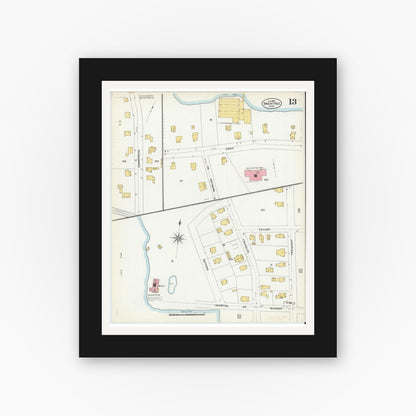 Old map wall art mockup — black gallery frame with white mat — Sanborn Fire Insurance Map from Braintree, Norfolk County, Massachusetts (1906), Sheet #0013