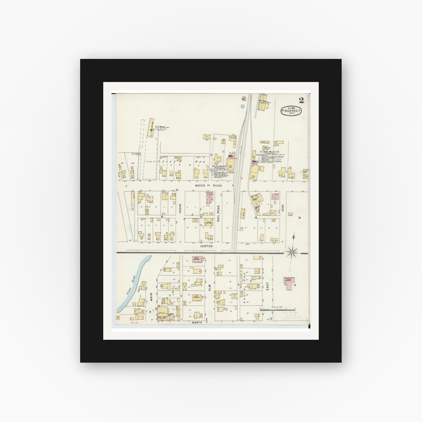 Old map wall art mockup — black gallery frame with white mat — Sanborn Fire Insurance Map from Prospect, Marion County, Ohio (1896), Sheet #0002